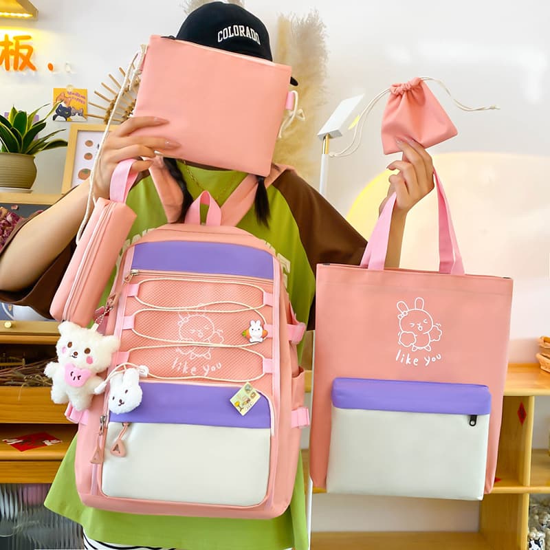 Sac à Dos Multifonctionnel Kawaii Grand Volume Imperméable et Résistant 5Pcs Rose SACKDS33RS - حقيبة ظهر بعدة قطع بتصميم كاوايي - Sac à dos et Mode - صورة 2