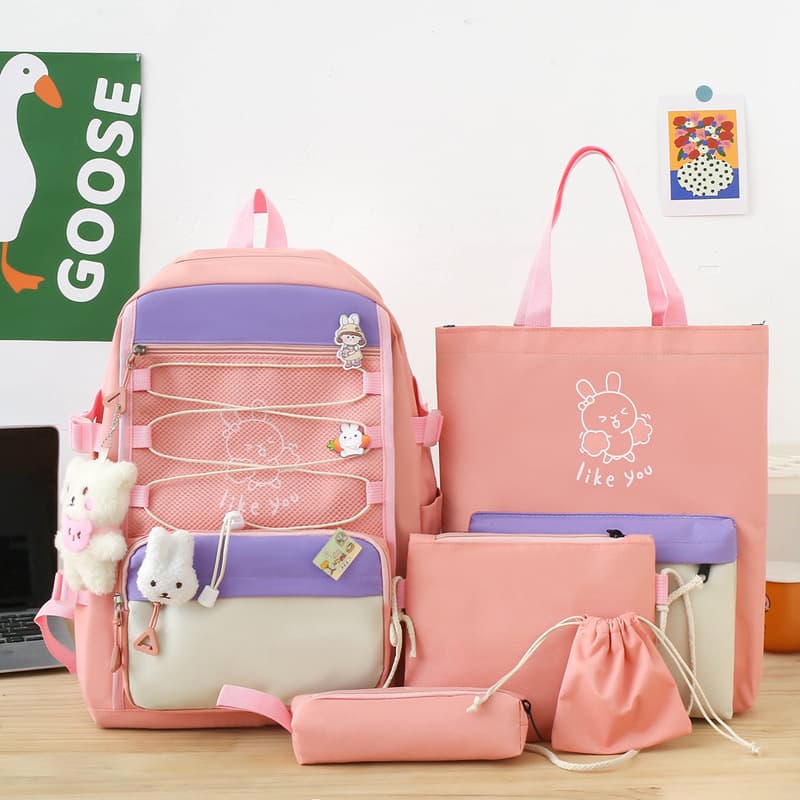 Sac à Dos Multifonctionnel Kawaii Grand Volume Imperméable et Résistant 5Pcs Rose SACKDS33RS - حقيبة ظهر بعدة قطع بتصميم كاوايي - Sac à dos et Mode - صورة 1