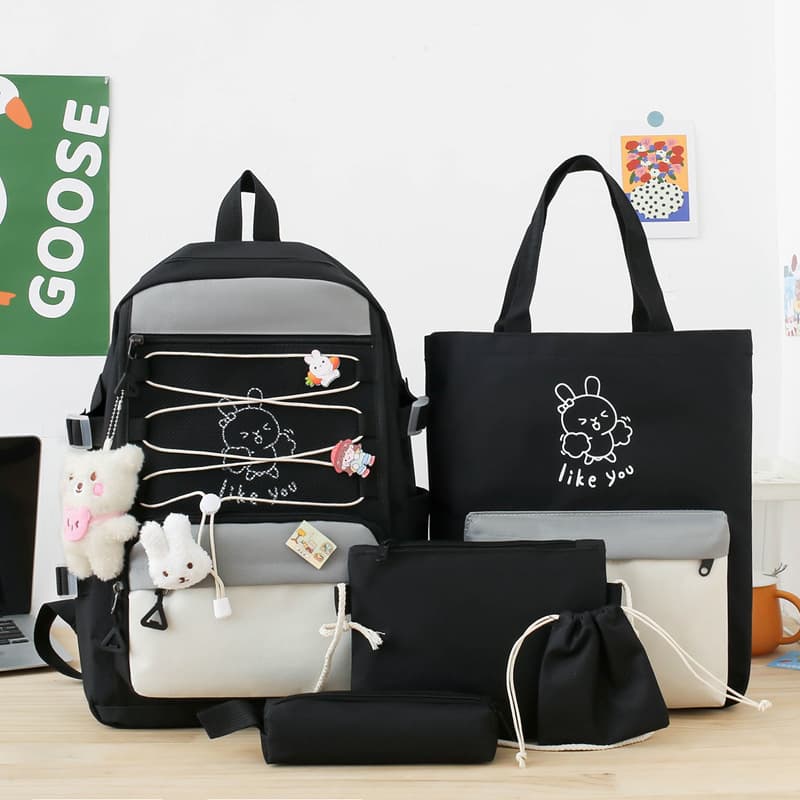 Sac à Dos Multifonctionnel Kawaii Grand Volume Imperméable et Résistant 5Pcs Noir SACKDS33N - حقيبة ظهر بعدة قطع بتصميم كاوايي - Sac à dos et Mode - صورة 1
