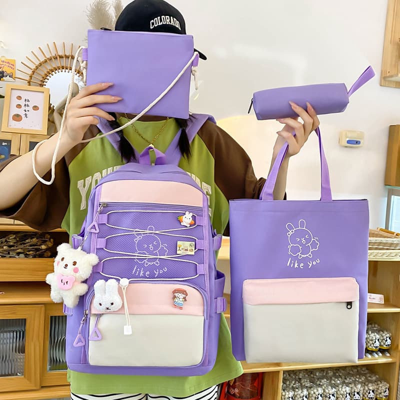 Sac à Dos Multifonctionnel Kawaii Grand Volume Imperméable et Résistant 5Pcs Mauve SACKDS33MV - حقيبة ظهر بعدة قطع بتصميم كاوايي - Sac à dos et Mode - صورة 2
