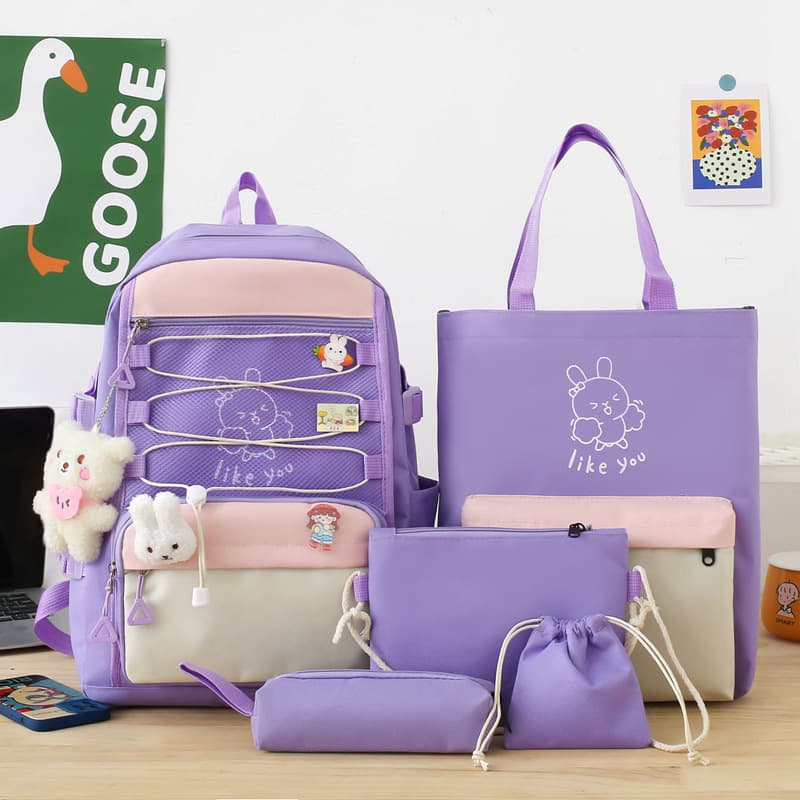 Sac à Dos Multifonctionnel Kawaii Grand Volume Imperméable et Résistant 5Pcs Mauve SACKDS33MV - حقيبة ظهر بعدة قطع بتصميم كاوايي - Sac à dos et Mode - صورة 1