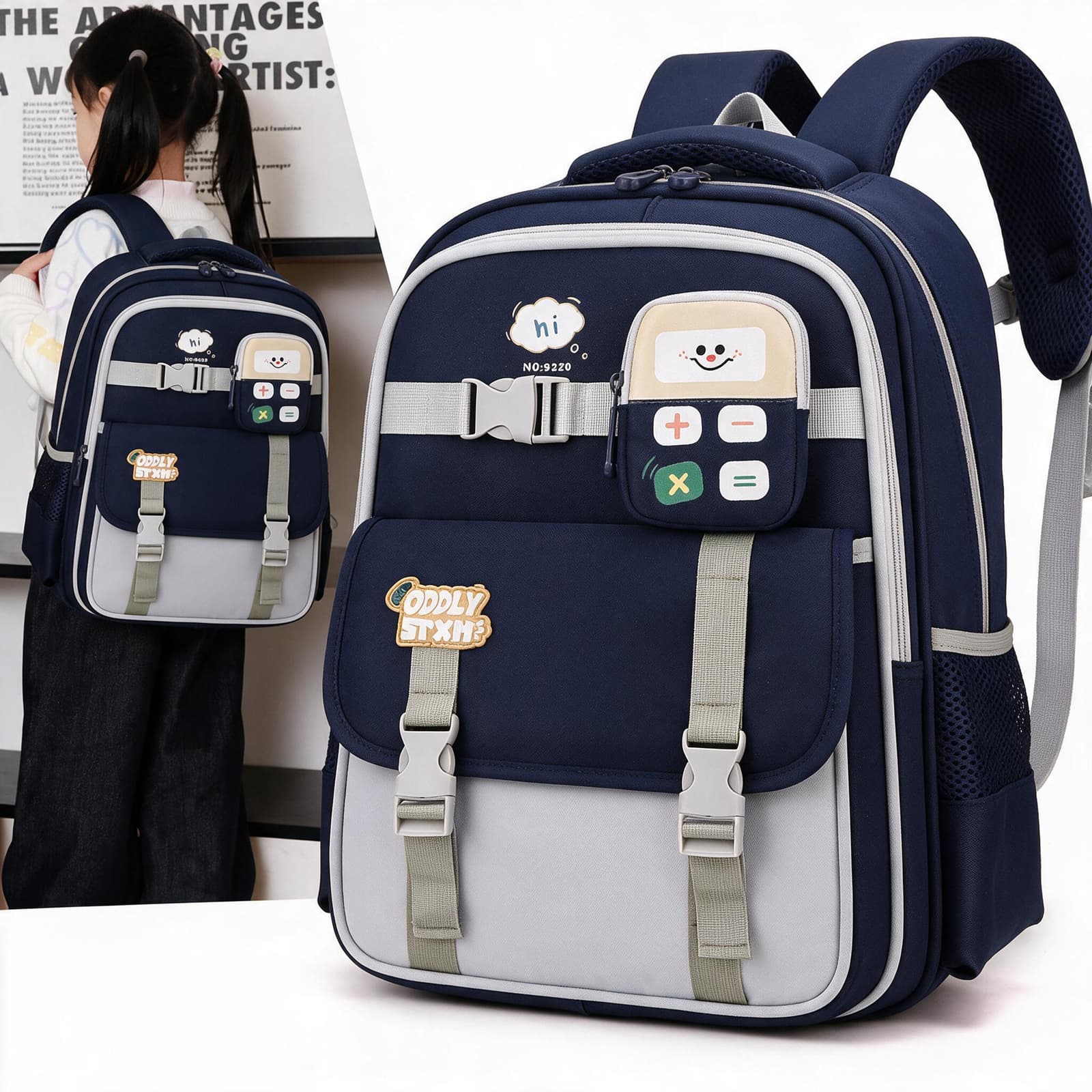 Sac à Dos Scolaire Enfant avec Trousse Motif Calculatrice Tissu Imperméable Bleu Nuit SACKDS34BLN - حقيبة ظهر مدرسية للأطفال - Sac à dos et Mode - صورة 1