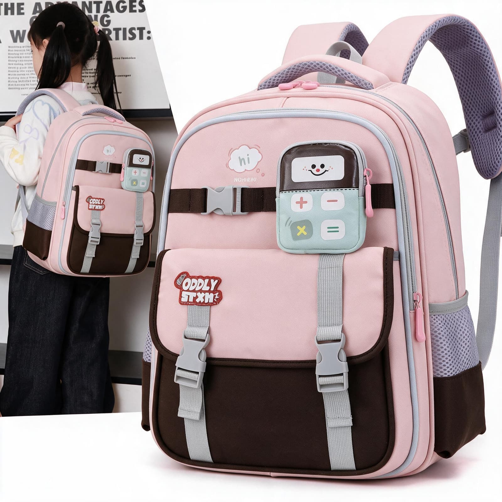 Sac à Dos Scolaire Enfant avec Trousse Motif Calculatrice Tissu Imperméable Rose SACKDS34RS - حقيبة ظهر مدرسية للأطفال - Sac à dos et Mode - صورة 2