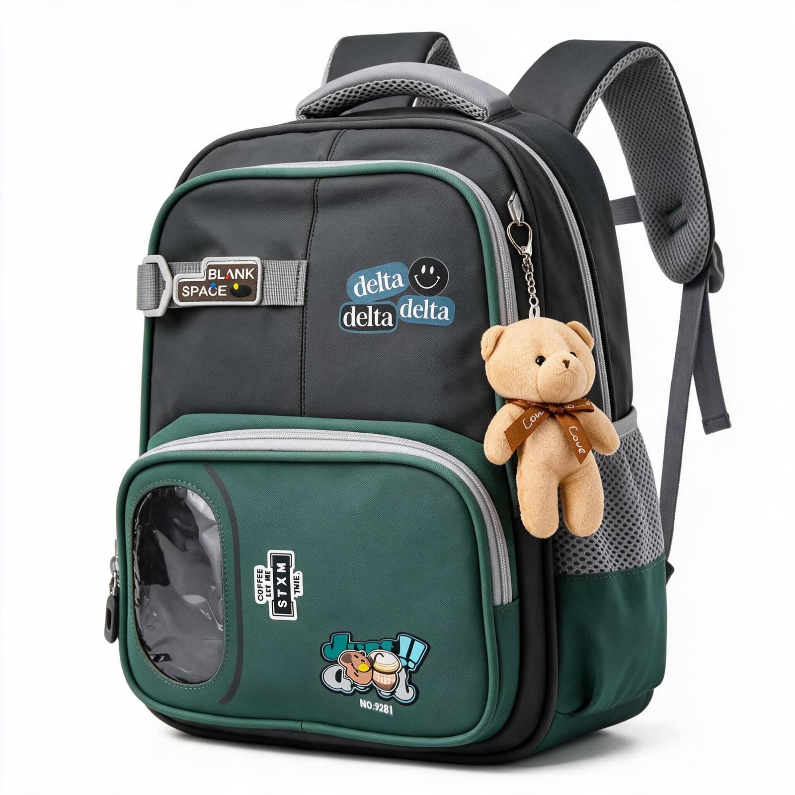 Sac à Dos Scolaire Delta Design Ergonomique avec Trousse et Pendentif Ours Inclus Gris SACKDS35GR - حقيبة ظهر مدرسية عصرية مع مقلمة مدمجة