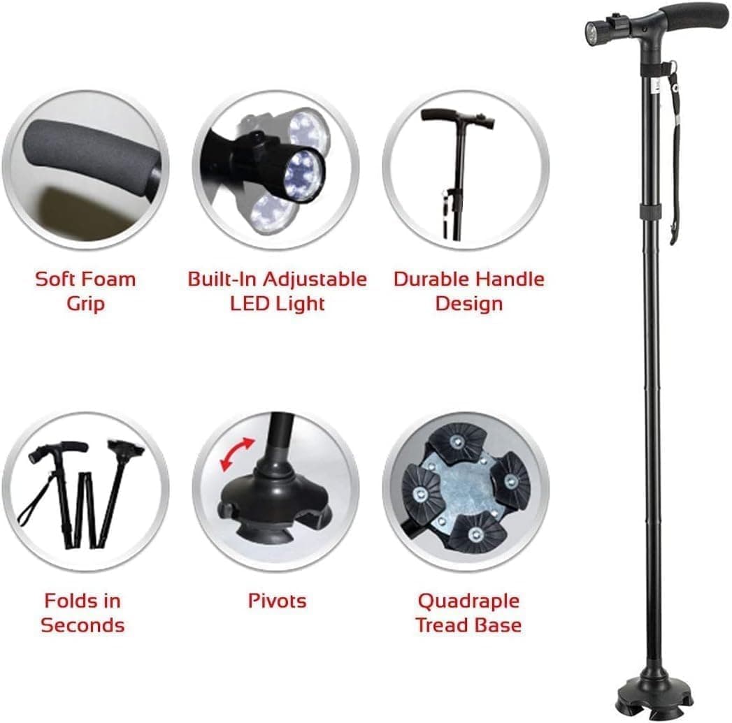 Canne de Marche Pliable avec Lampe LED Base Pivotante Quadruple Hauteur Réglable - عصا المشي القابلة للطي المزودة بإضاءة وقاعدة رباعية ثنائية التوازن - Divers - صورة 3