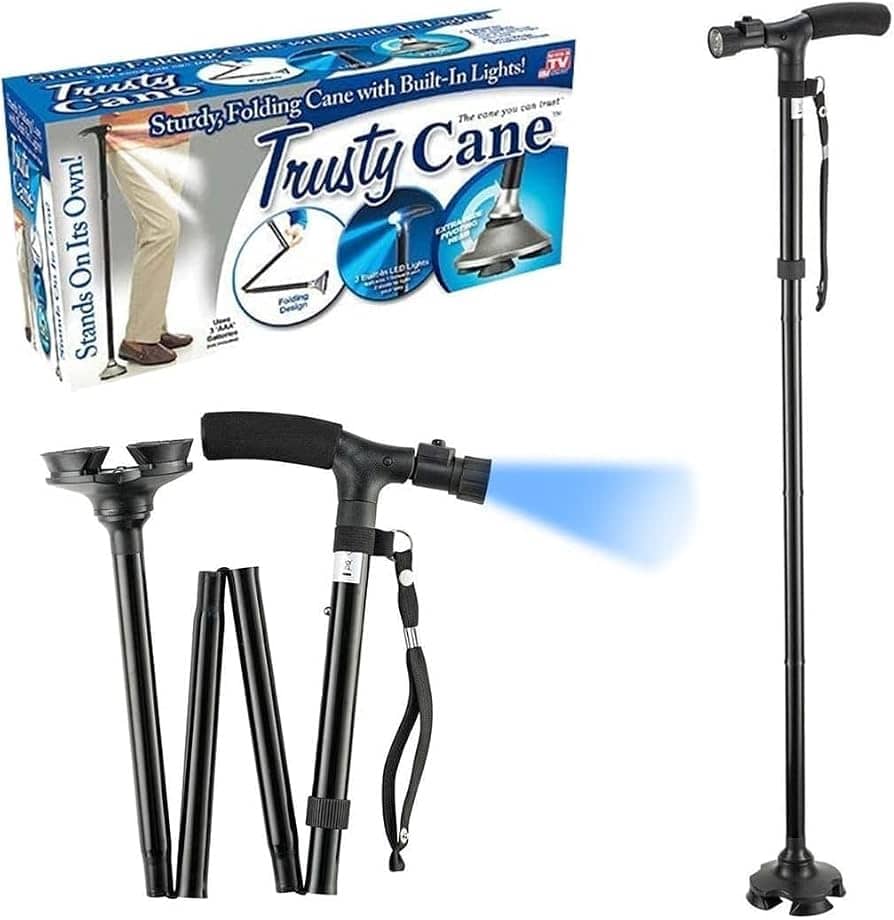 Canne de Marche Pliable avec Lampe LED Base Pivotante Quadruple Hauteur Réglable - عصا المشي القابلة للطي المزودة بإضاءة وقاعدة رباعية ثنائية التوازن
