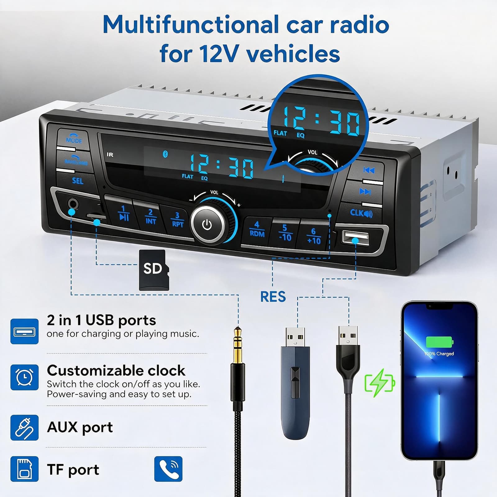 Autoradio Bluetooth 1-DIN avec Égaliseur DSP et Éclairage 7 Couleurs SP0707 - راديو سيارة بلوتوث مع ميزان صوت وإضاءة 7 ألوان - Accessoires Auto/Moto - صورة 4