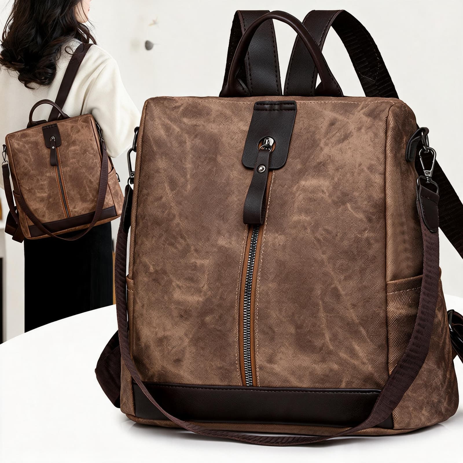 Sac à Dos Femme Antivol en Tissu Vintage avec Fermeture Arrière SACKDS39MR - حقيبة ظهر نسائية كاجوال متعددة الاستخدامات - Sac à dos et Mode - صورة 1