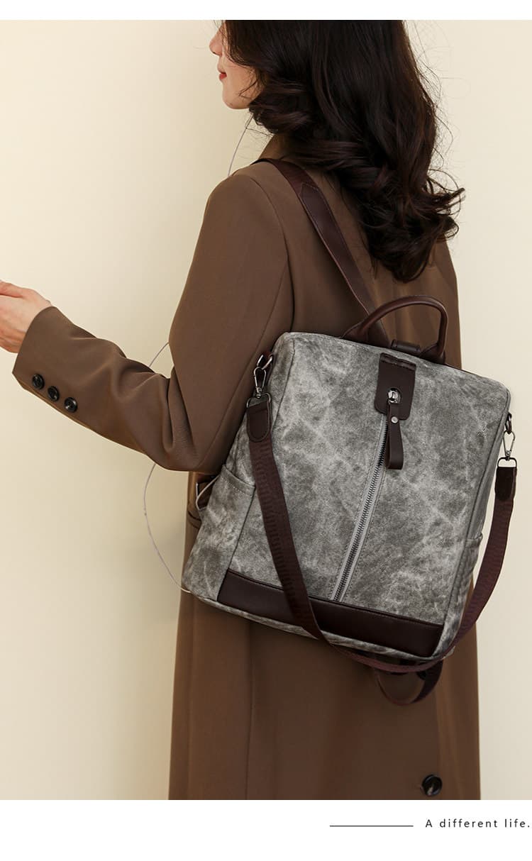 Sac à Dos Femme Antivol en Tissu Vintage avec Fermeture Arrière SACKDS39GR - حقيبة ظهر نسائية كاجوال متعددة الاستخدامات - Sac à dos et Mode - صورة 2