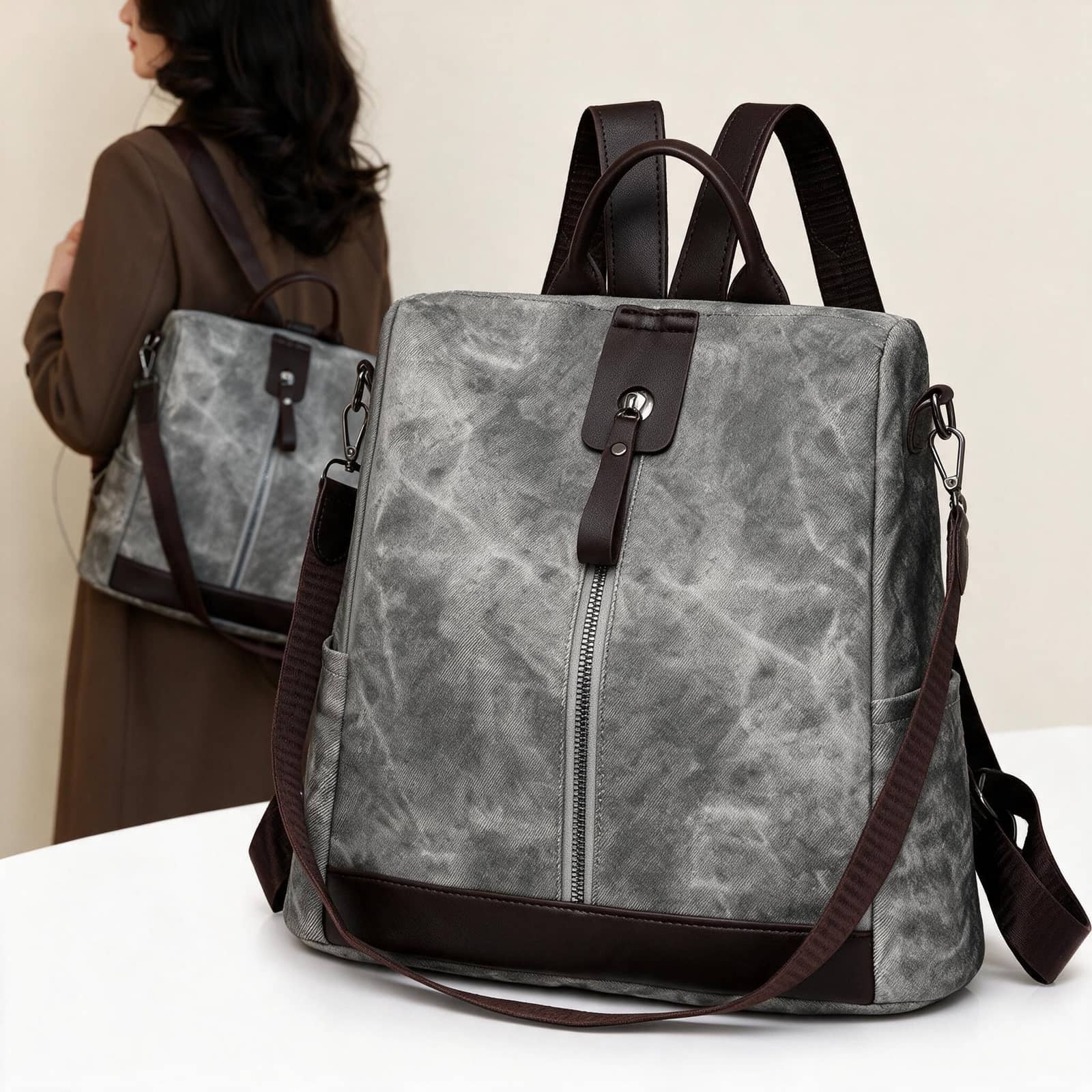 Sac à Dos Femme Antivol en Tissu Vintage avec Fermeture Arrière SACKDS39GR - حقيبة ظهر نسائية كاجوال متعددة الاستخدامات