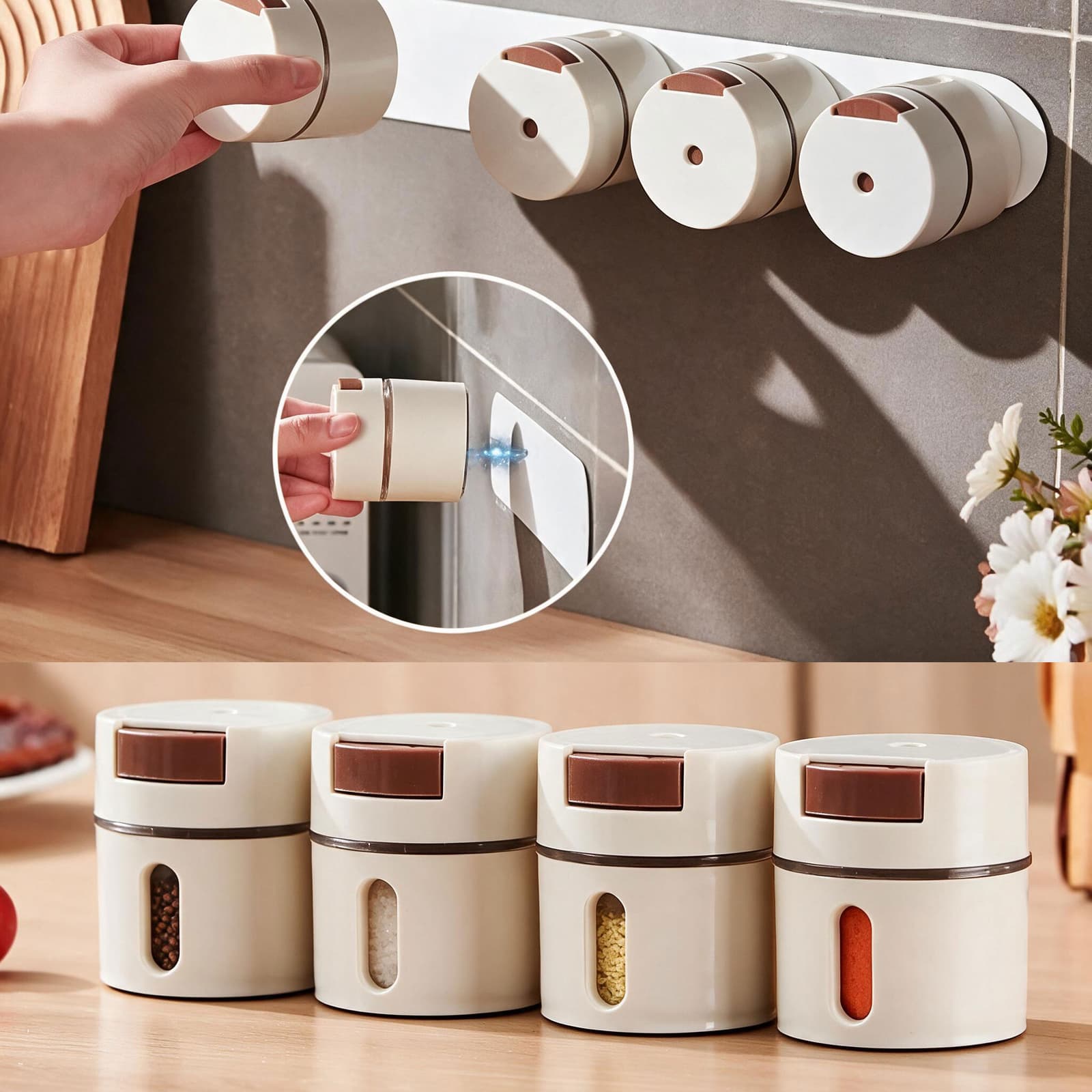 Pots à Épices Magnétiques Couvercle Transparent Fixation Au Mur 4Pcs - علب توابل مغناطيسية لحفظ البهارات وتنظيم المطبخ - Cuisine - صورة 1