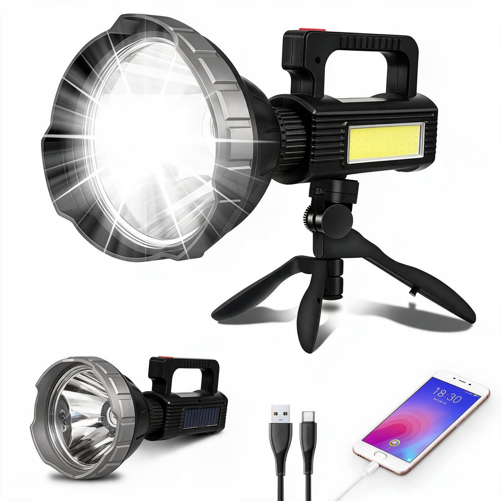 Projecteur LED Rechargeable Multifonction MM-7788 Panneau Solaire, Powerbank et Trépied - مصباح كشاف يدوي متعدد الوظائف مع شحن بالطاقة الشمسية وبنك طاقة - Électronique - صورة 1