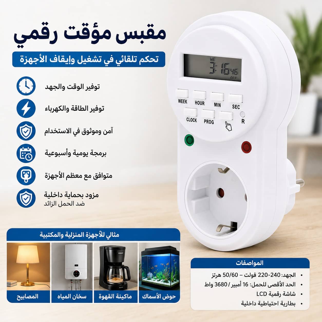 Prise Programmable Digitale pour Minuterie Électronique Écran LCD 16A 3680W - مقبس مؤقت رقمي ذكي للتحكم التلقائي بالأجهزة