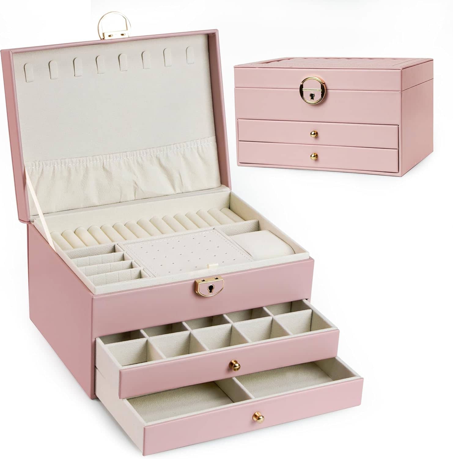 Boîte à Bijoux 3 Niveaux avec Serrure de Sécurité Doublure Velours Pour Bagues, Colliers et Bracelets - صندوق تنظيم وحفظ المجوهرات بثلاث طبقات