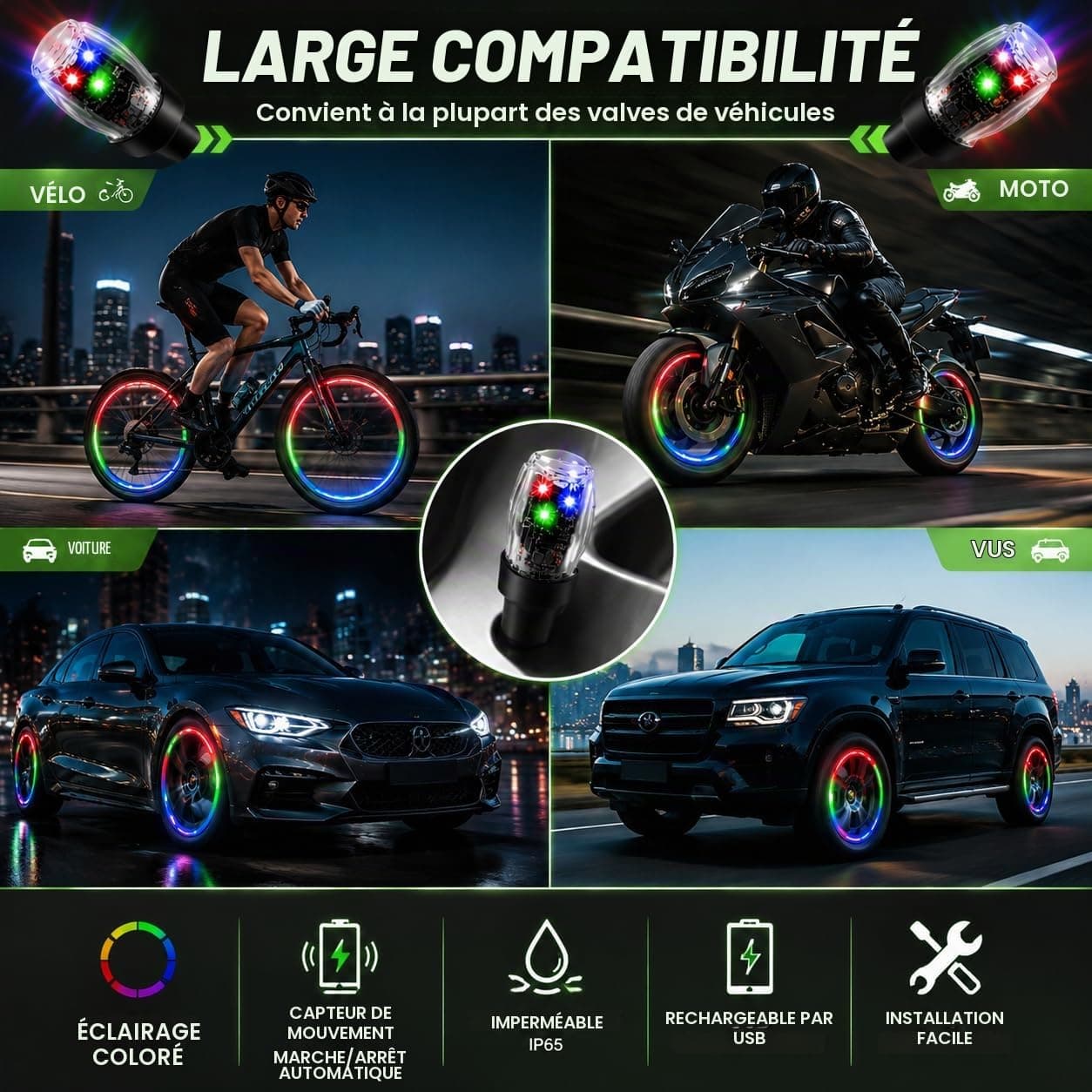 Lumières LED pour Valve de Pneu Étanche Capteur de Mouvement Auto Décoration et Sécurité - أضواء صمام العجلات المضيئة للسيارات والدراجات - Accessoires Auto/Moto - صورة 3