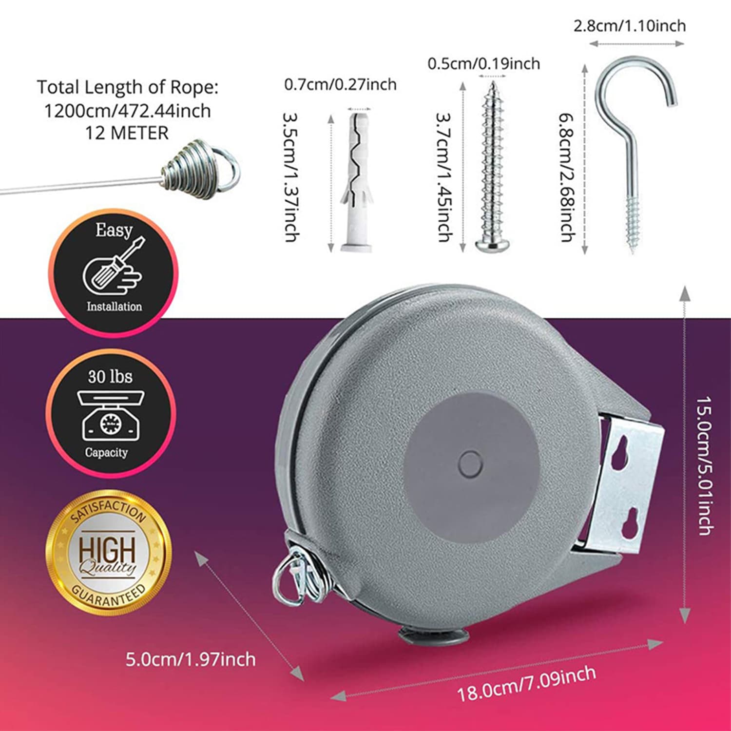 Corde à Linge Rétractable Automatique 15m Fixation Murale Supporte 10kg - حبل غسيل ملابس أوتوماتيكي قابل للسحب بطول 15 متراً - Maison - صورة 2