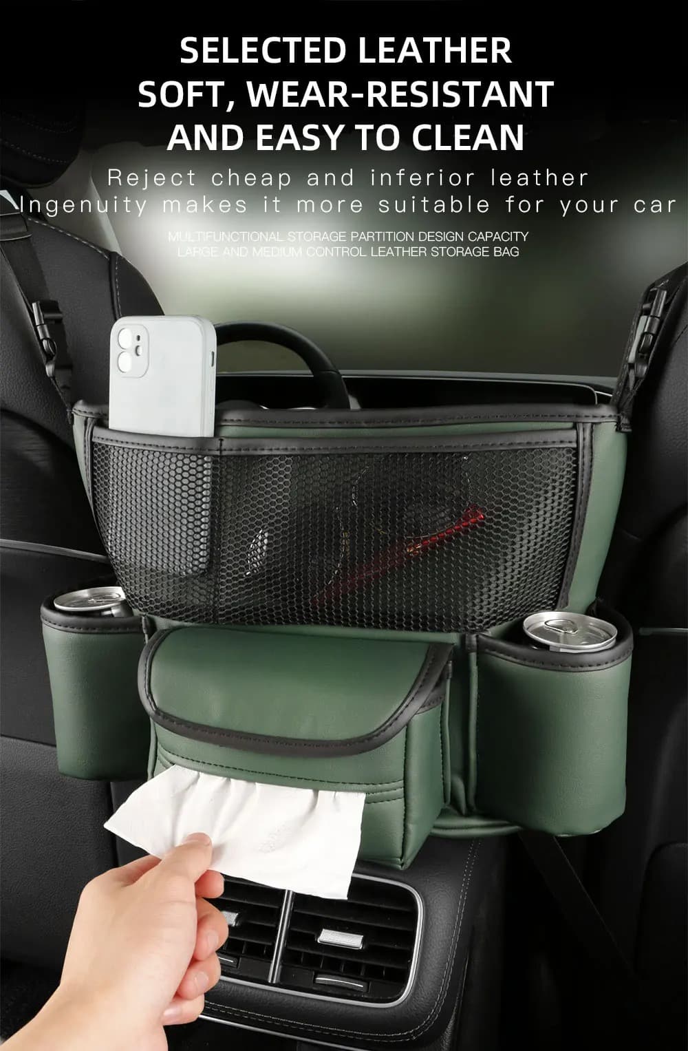 Sac de rangement en cuir pour siège de voiture, cintre central, sac à main automatique, support entre les sièges, poches pour gobelets à eau en tissu, évaluation de rangement - Accessoires Auto/Moto - صورة 3