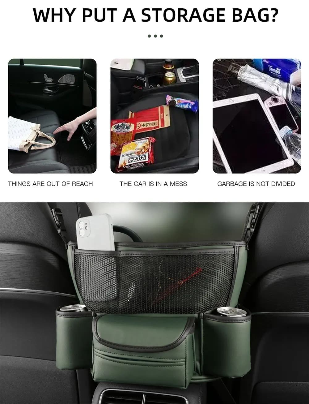 Sac de rangement en cuir pour siège de voiture, cintre central, sac à main automatique, support entre les sièges, poches pour gobelets à eau en tissu, évaluation de rangement - Accessoires Auto/Moto - صورة 4