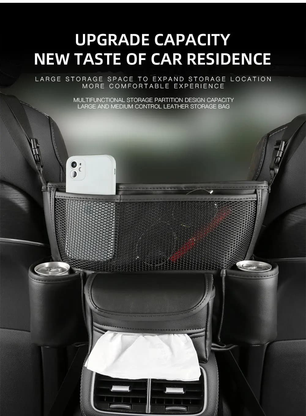 Sac de rangement en cuir pour siège de voiture, cintre central, sac à main automatique, support entre les sièges, poches pour gobelets à eau en tissu, évaluation de rangement - Accessoires Auto/Moto - صورة 5