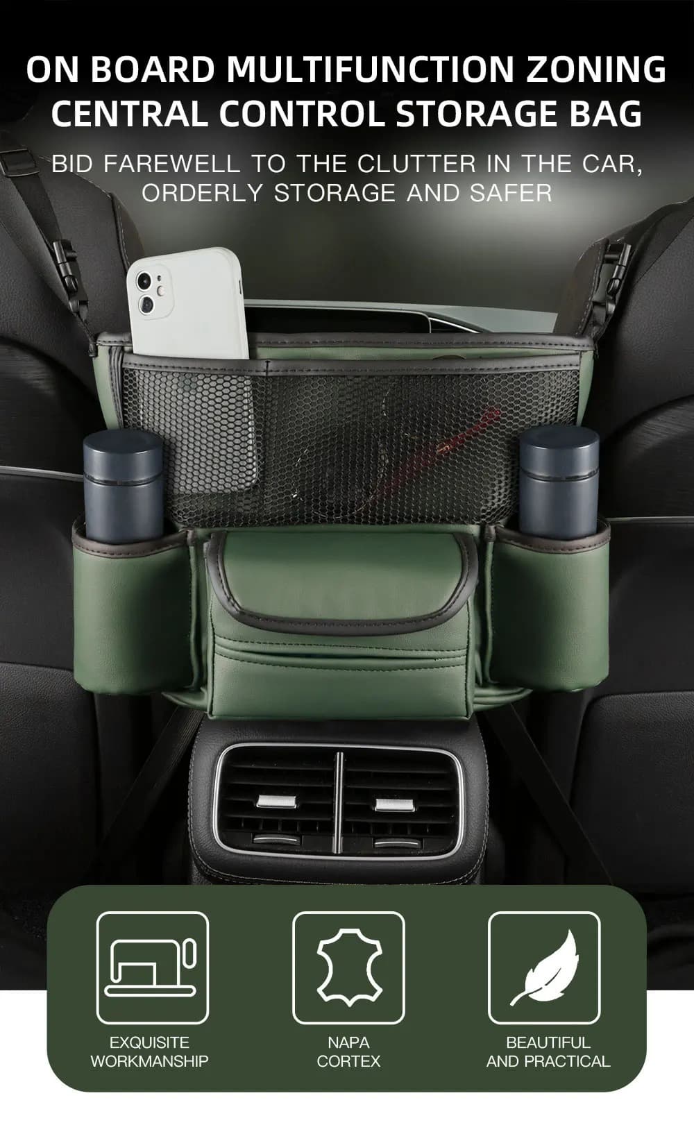 Sac de rangement en cuir pour siège de voiture, cintre central, sac à main automatique, support entre les sièges, poches pour gobelets à eau en tissu, évaluation de rangement - Accessoires Auto/Moto - صورة 7
