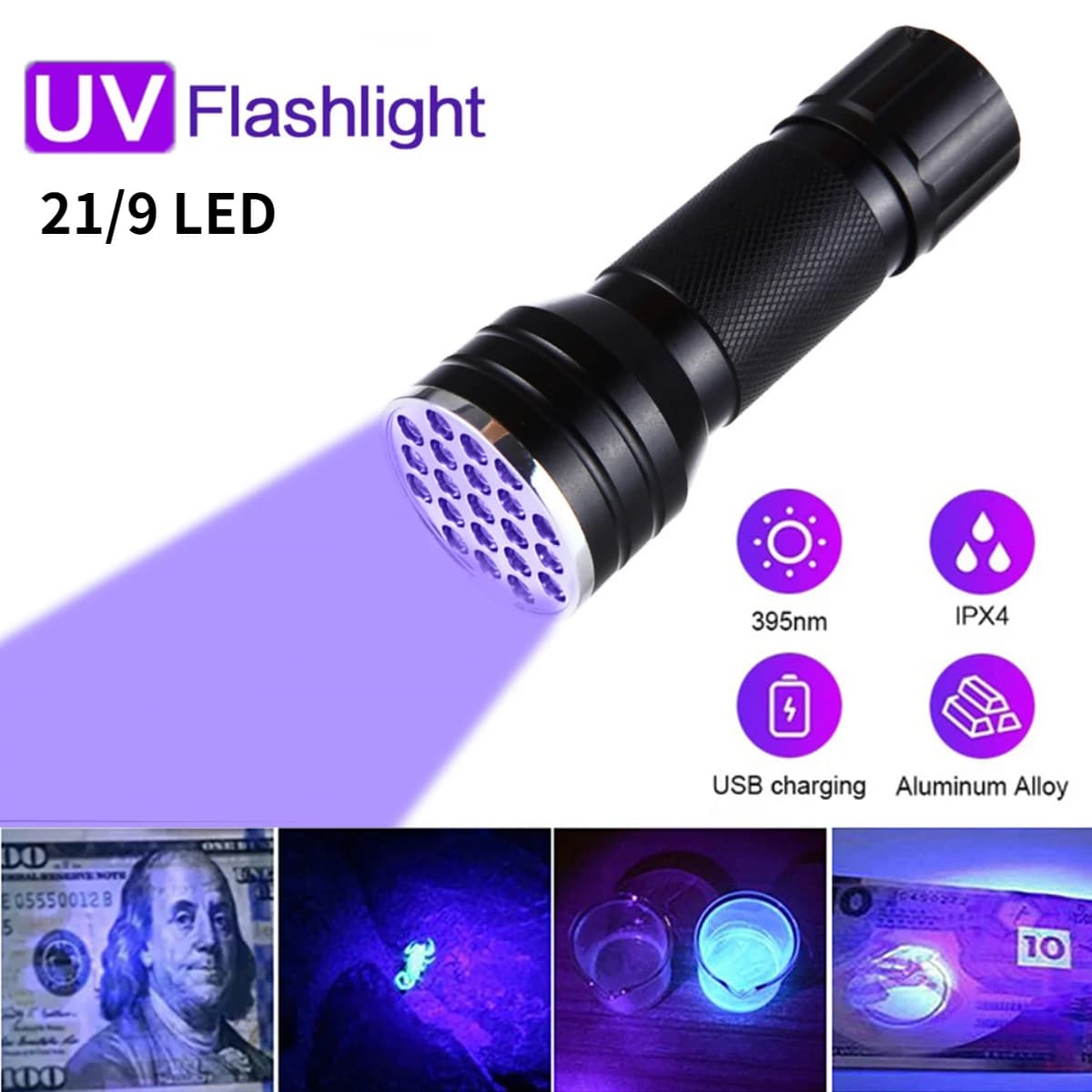 lampe de poche UV 21LED en alliage d'aluminium détecteur des scorpions et faux billet - المصباح بالأشعة فوق البنفسجية كاشف للعقارب والعملات المزورة - Électronique - صورة 2