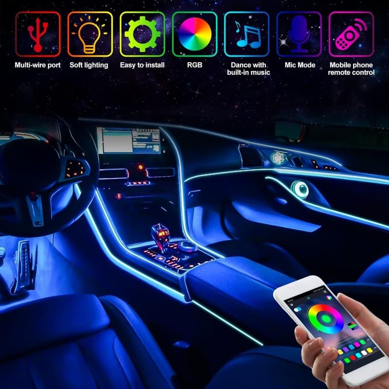 Bande lumineuse LED en néon RGB pour intérieur de voiture, éclairage suivi son d'ambiance Avec app et télécommande - Accessoires Auto/Moto - صورة 4