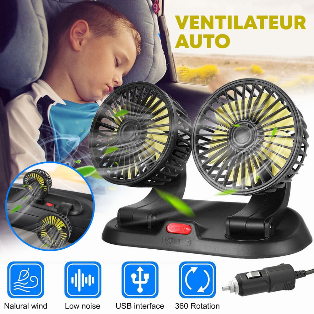 Ventilateur de voiture puissant et silencieux double rotation à 360 -12V - Accessoires Auto/Moto - صورة 1