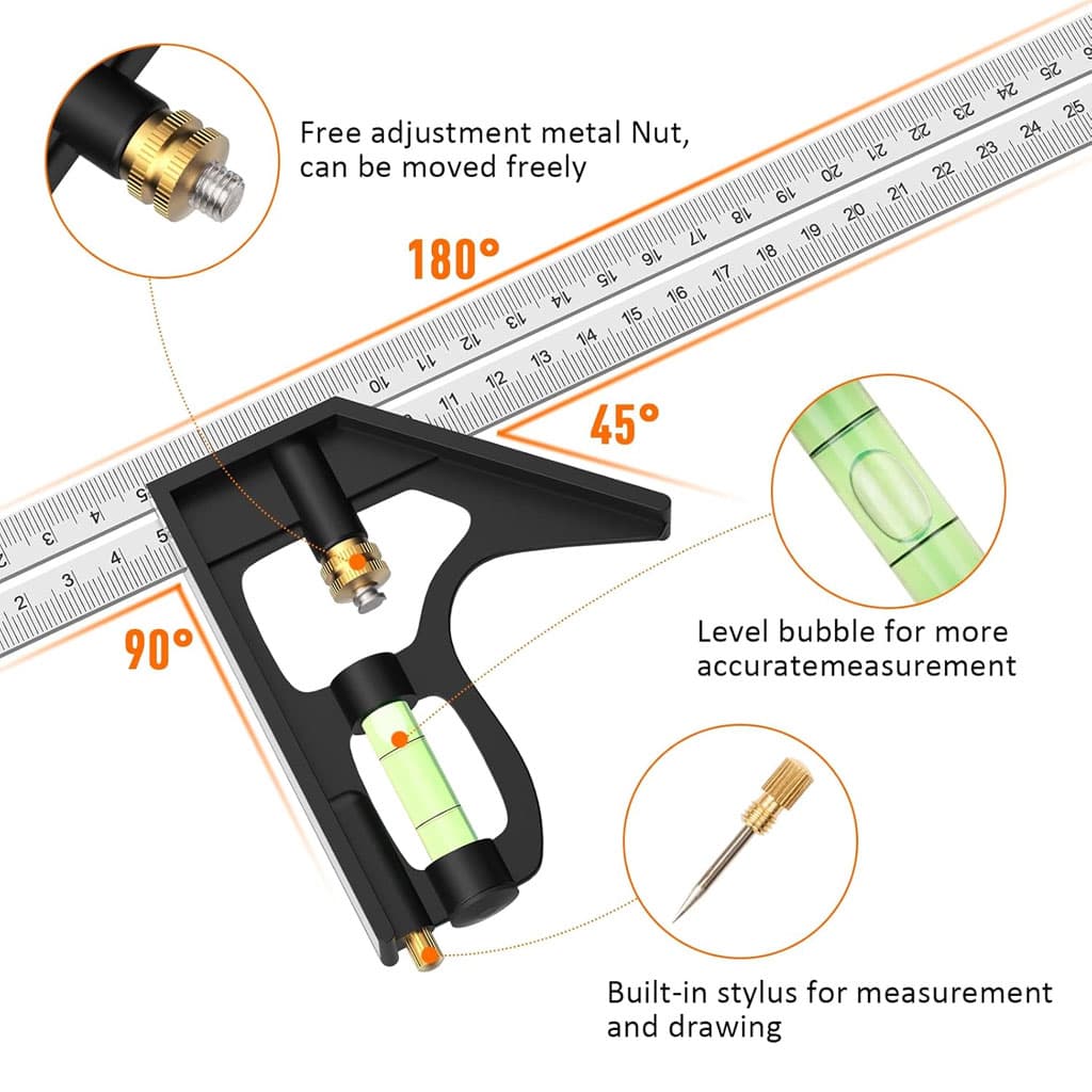 Outils de Menuiserie Carrée en Acier Inoxydable de 12'/300 mm, Règle de 45/90 Degrés avec Niveau à Bulle. - Outillage et Bricolage - صورة 3