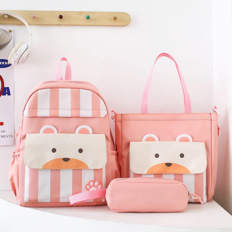 Ensemble de sacs d’école Kawai pour adolescents 3Pcs Ours Rose – محفظة 3 قطع كاواي وردي - Sac à dos et Mode - صورة 1
