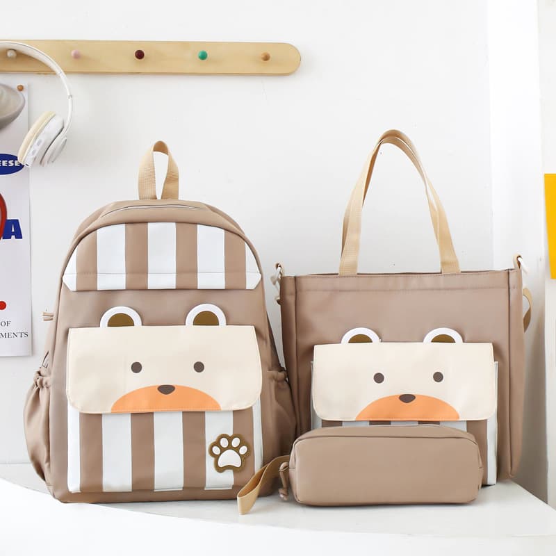 Ensemble de sacs d’école Kawai pour adolescents 3Pcs Ours Beige – محفظة 3 قطع كاواي بيج - Sac à dos et Mode - صورة 1