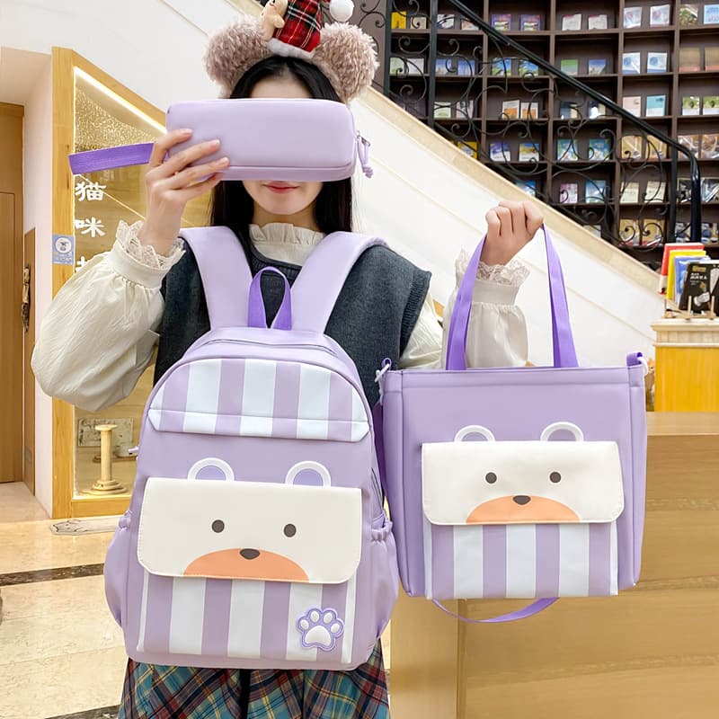 Ensemble de sacs d’école Kawai pour adolescents 3Pcs Ours Mauve – محفظة 3 قطع كاواي بنفسجي - Sac à dos et Mode - صورة 2