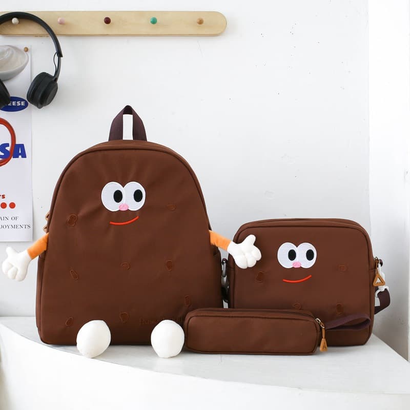 Ensemble de sacs d’école Kawai pour adolescents 3Pcs Language Marron – محفظة 3 قطع كاواي بني - Sac à dos et Mode - صورة 1
