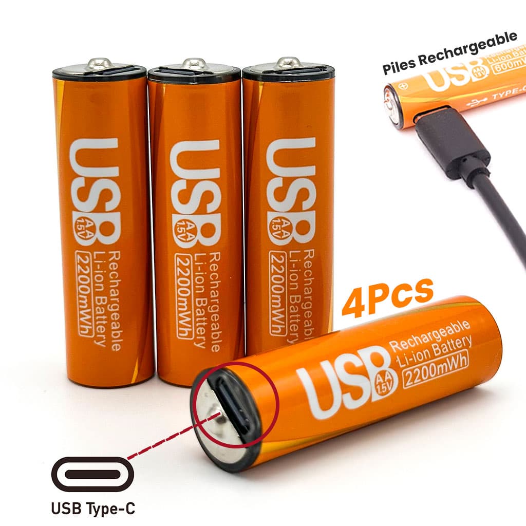 Pack de 4 Piles Rechargeables USB Type-C – AA 1.5V 2200 mAh – علبة من 4 بطاريات قابلة للشحن - Électronique - صورة 1
