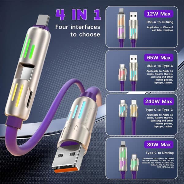 Câble de charge multifonction 4 en 1 USB C, A et Lightning 240W – كابل شحن متعدد الرؤوس - Accessoires - صورة 6