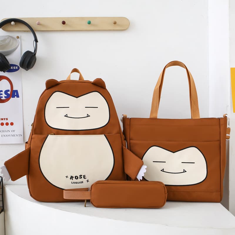 Ensemble de Sacs Snorlax 3Pcs Design Kawaii Marron – حقيبة مدرسية 3 قطع لون بني - Sac à dos et Mode - صورة 1