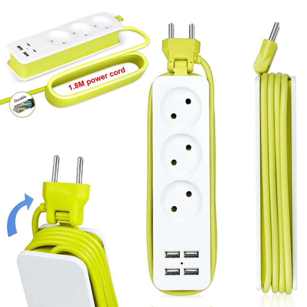 AVEL Multiprise 3 Sockets avec 4 ports USB Cordon 1,8 m Enroulable – مقبس طاقة مع منافذ شحن - Outillage et Bricolage - صورة 1