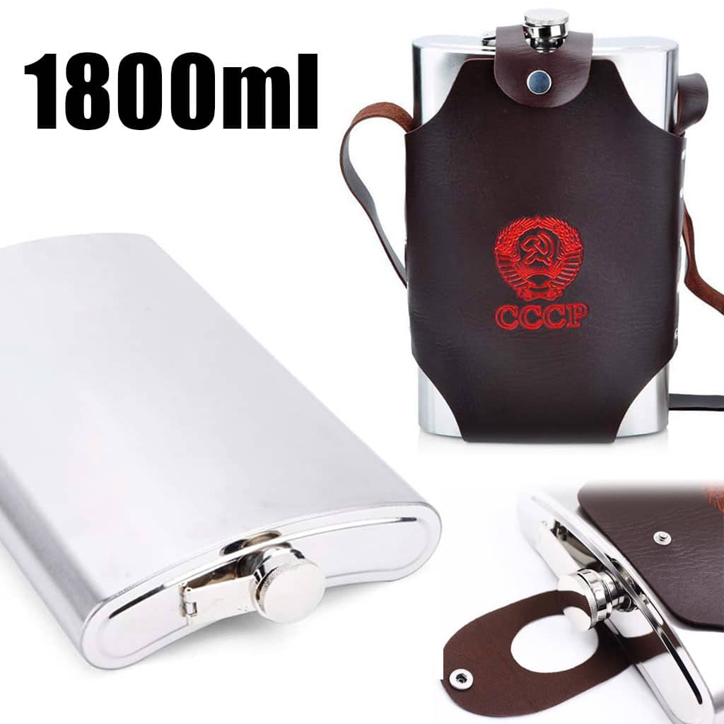 Flasque Métallique Portable 1800ml en Acier Inoxydable 18/8 avec Étui en Cuir pour Activités Extérieures