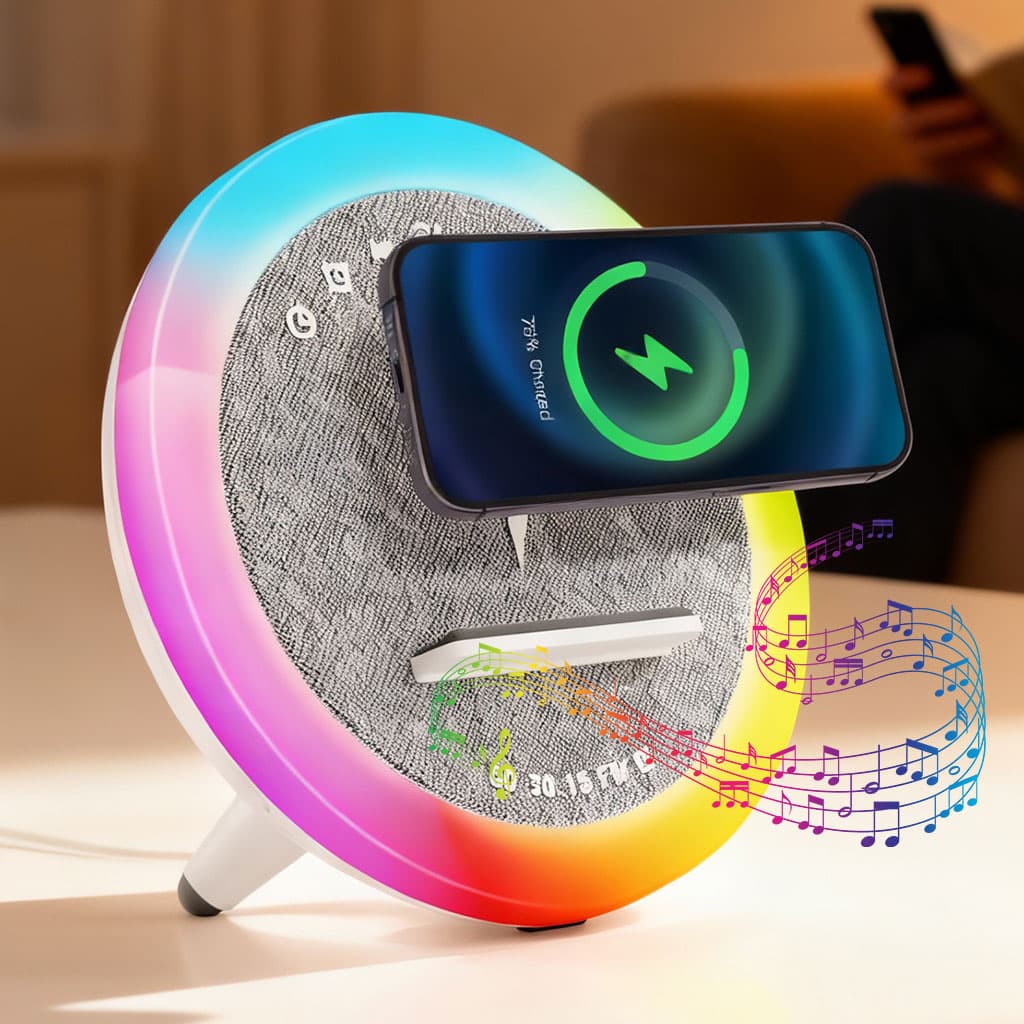 Haut-parleur et Lampe de Chevet avec Lumière d’ambiance RGB et Chargeur Induction 15W – مكبر صوت وشاحن لاسلكي مع إضاءة ملونة - Électronique - صورة 1