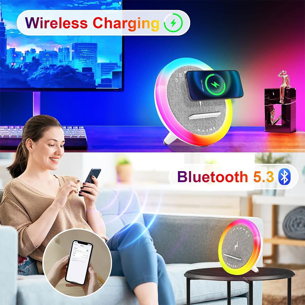 Haut-parleur et Lampe de Chevet avec Lumière d’ambiance RGB et Chargeur Induction 15W – مكبر صوت وشاحن لاسلكي مع إضاءة ملونة - Électronique - صورة 4