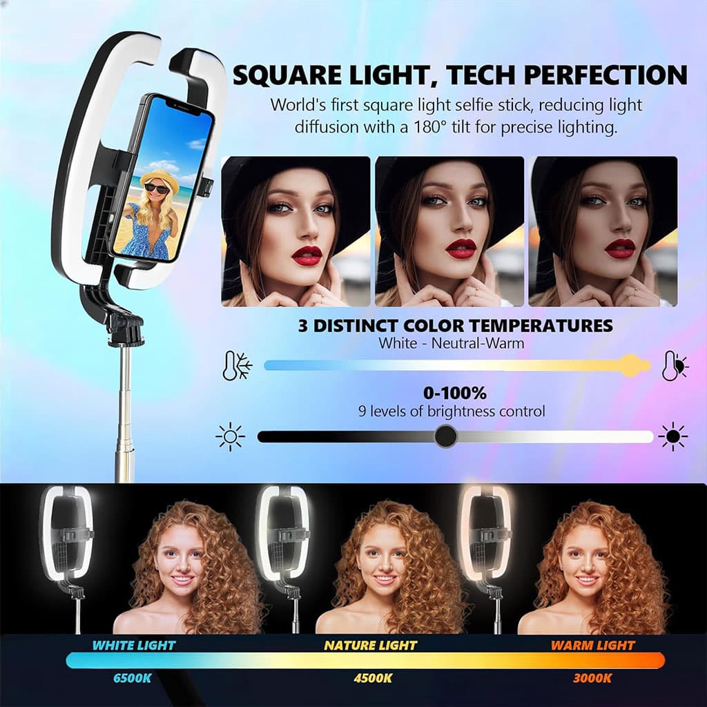 Perche à Selfie Extensible avec Support pour Téléphone et Lampe LED – عصا سيلفي مع إضاءة مدمجة ويد تحكم - Électronique - صورة 2