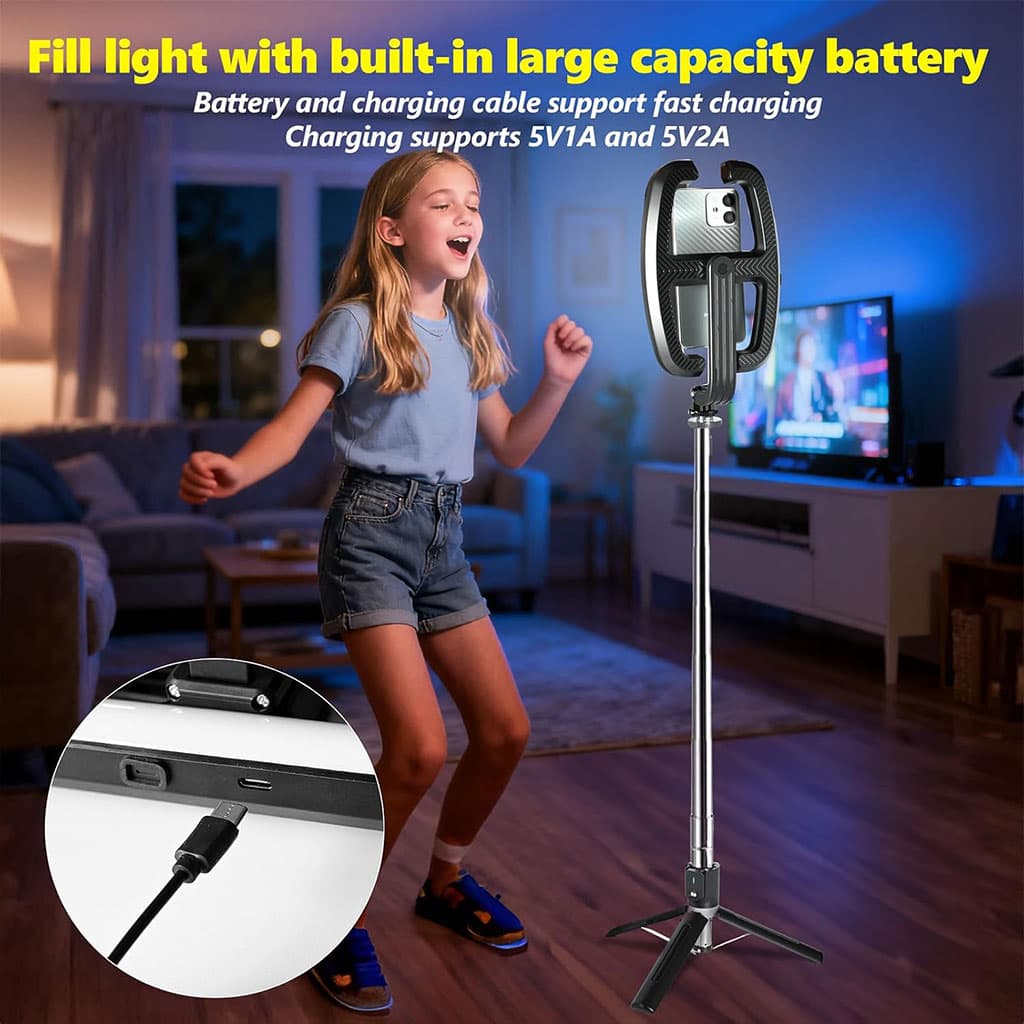 Perche à Selfie Extensible avec Support pour Téléphone et Lampe LED – عصا سيلفي مع إضاءة مدمجة ويد تحكم - Électronique - صورة 3
