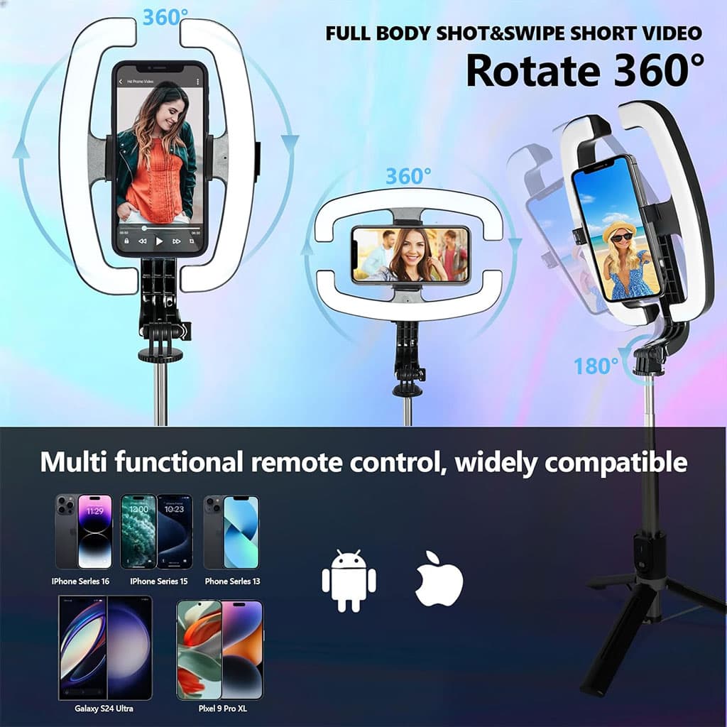Perche à Selfie Extensible avec Support pour Téléphone et Lampe LED – عصا سيلفي مع إضاءة مدمجة ويد تحكم - Électronique - صورة 4