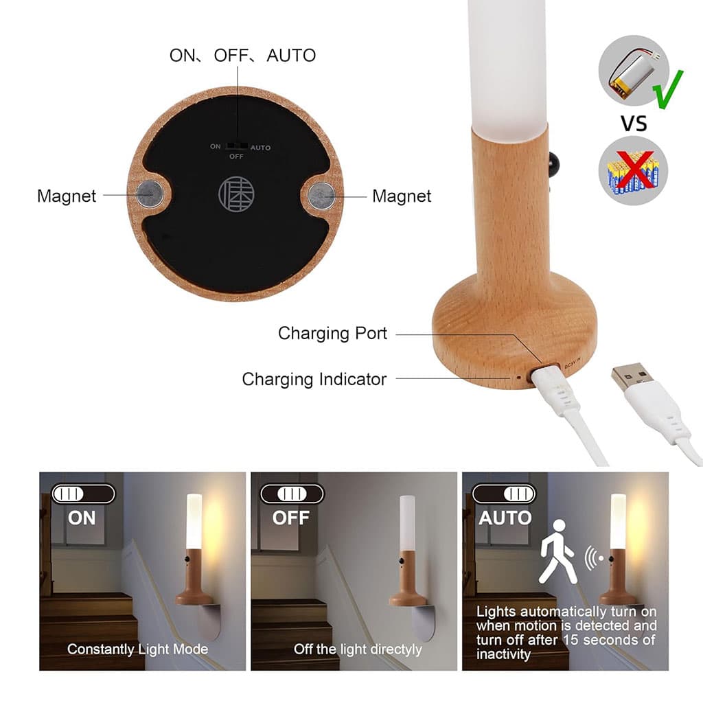 Applique murale rechargeable en bois avec détecteur de mouvement effet glow – مصباح جداري محمول - Maison - صورة 5