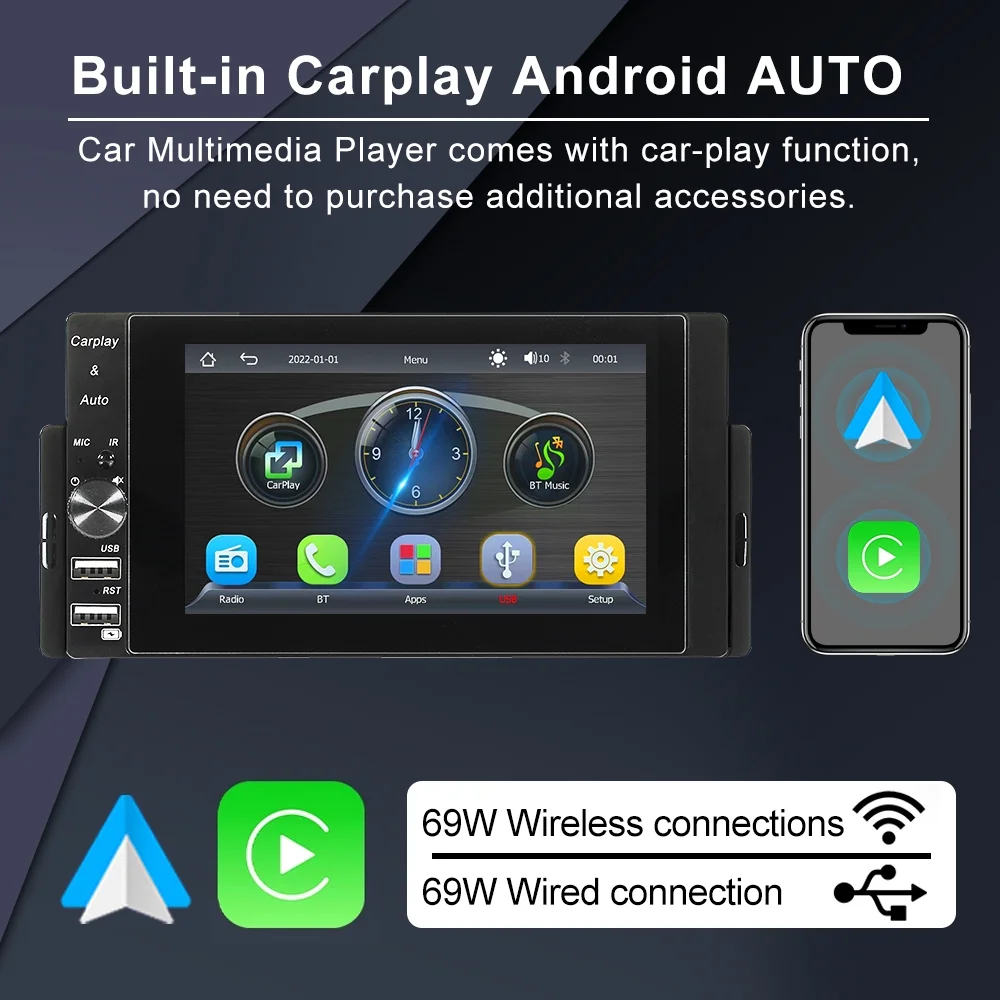 Autoradio 1 DIN MP5 Player Carplay et Android Auto Full HD - مشغل راديو للسيارة - Accessoires Auto/Moto - صورة 6