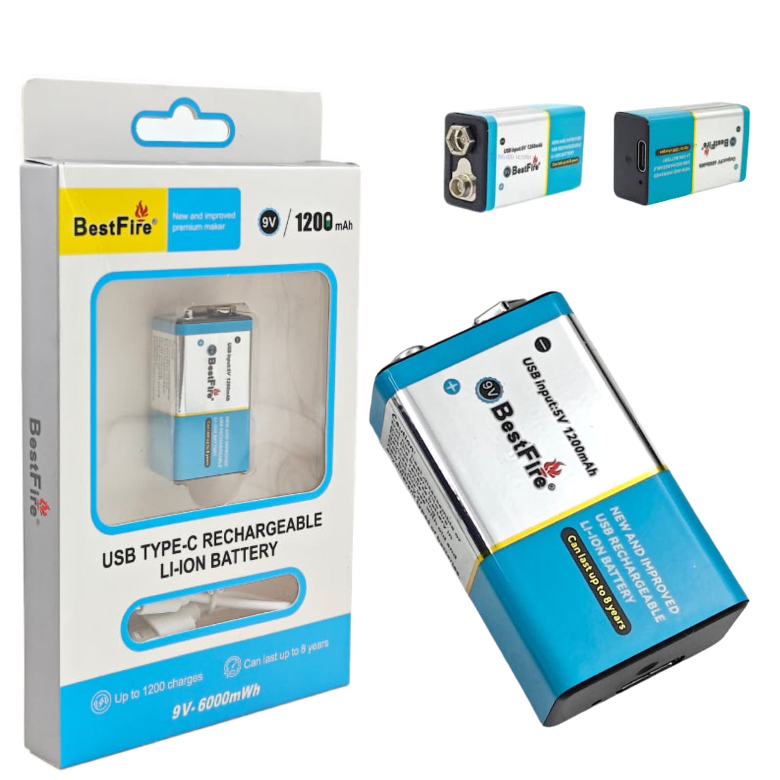 Pile rechargeable USB type C 9V 1200mWh en lithium BestFire - بطارية ليثيوم قابلة لإعادة الشحن - Électronique - صورة 1