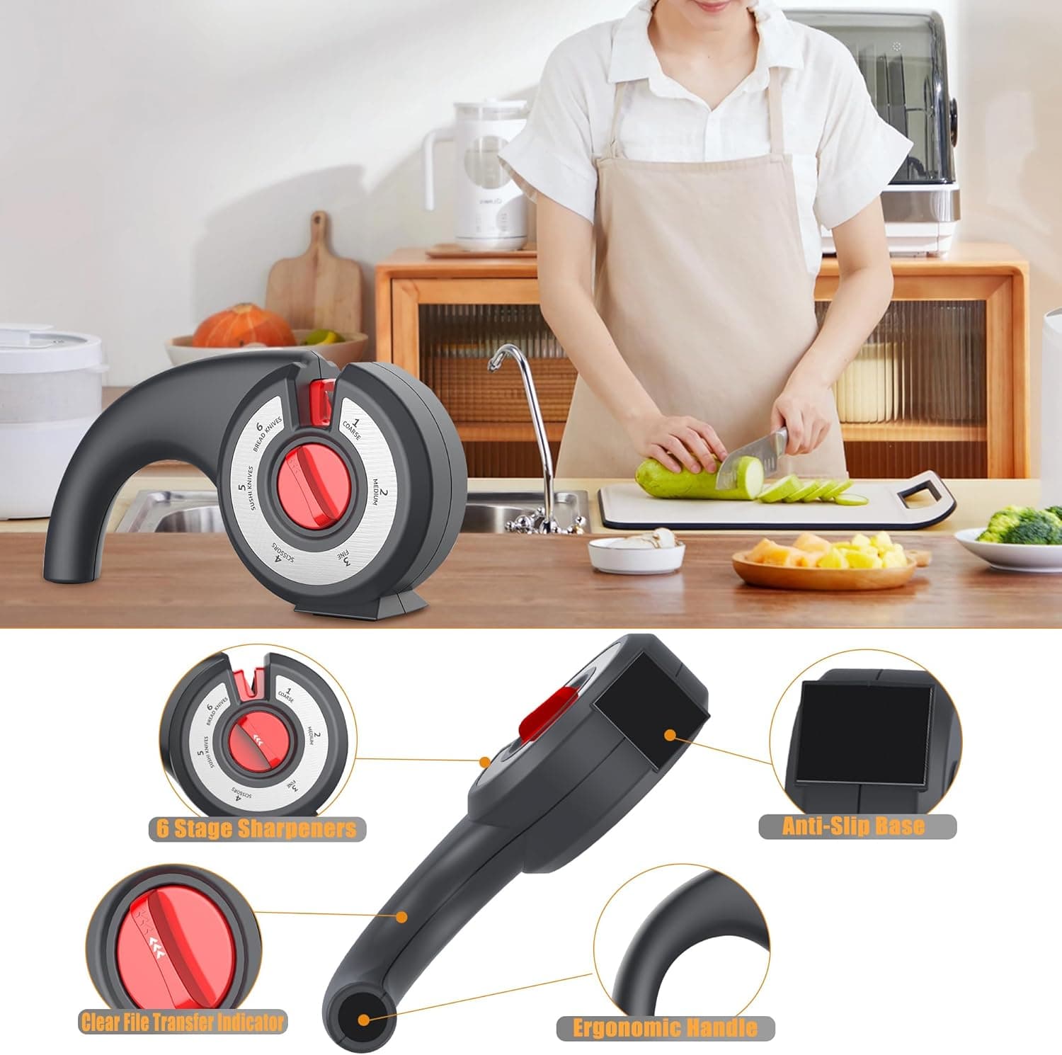 Aiguiseur de couteaux de cuisine 6 en 1 avec bouton rotatif multifonction - مسن سكاكين - Cuisine - صورة 4