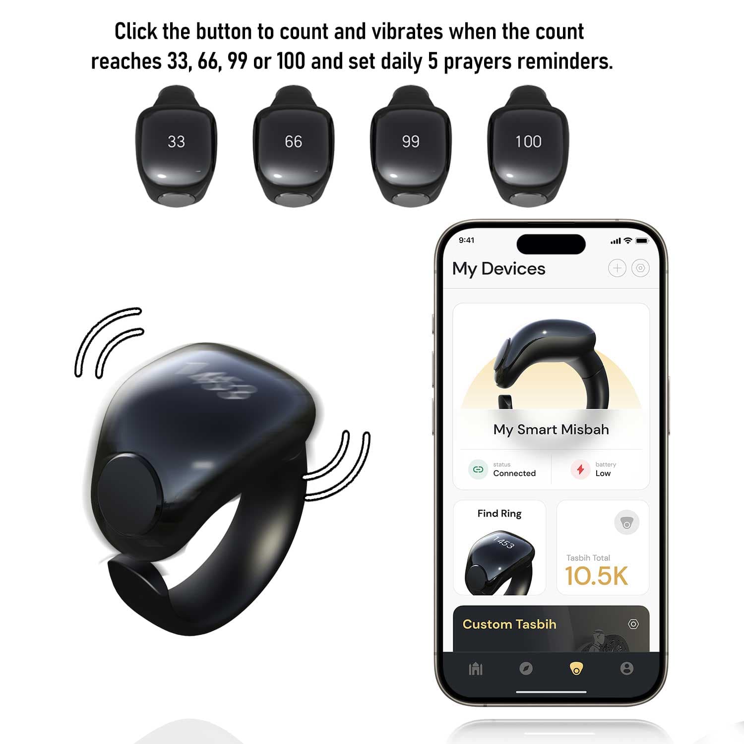 Anneau de Zikr Étanche avec Écran OLED iTasbih Faith+ Black - خاتم التسبيح الذكي المقاوم للماء بـ5 مقاسات - Électronique - صورة 6