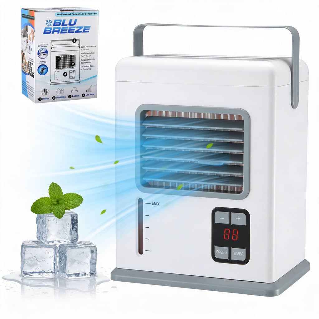 Refroidisseur d'Air Évaporatif Portable USB/AC Blu Breeze - مبرد هواء محمول مع نظام طاقة مزدوج