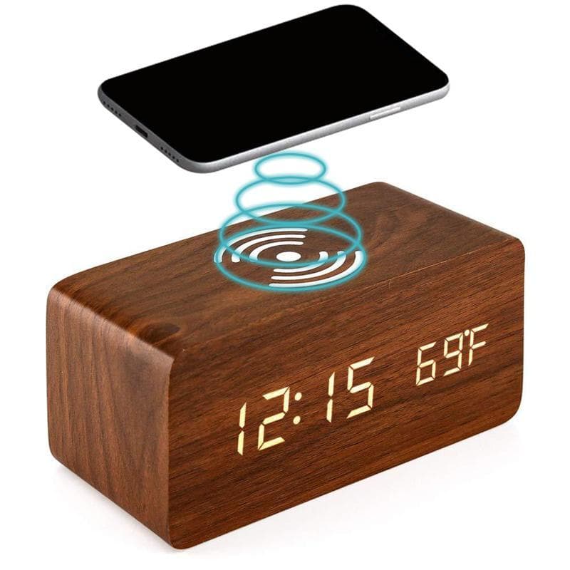 Réveil numérique de bureau en bois avec socle de charge sans fil Qi - Électronique - صورة 1