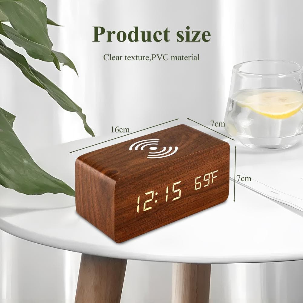 Réveil numérique de bureau en bois avec socle de charge sans fil Qi - Électronique - صورة 6